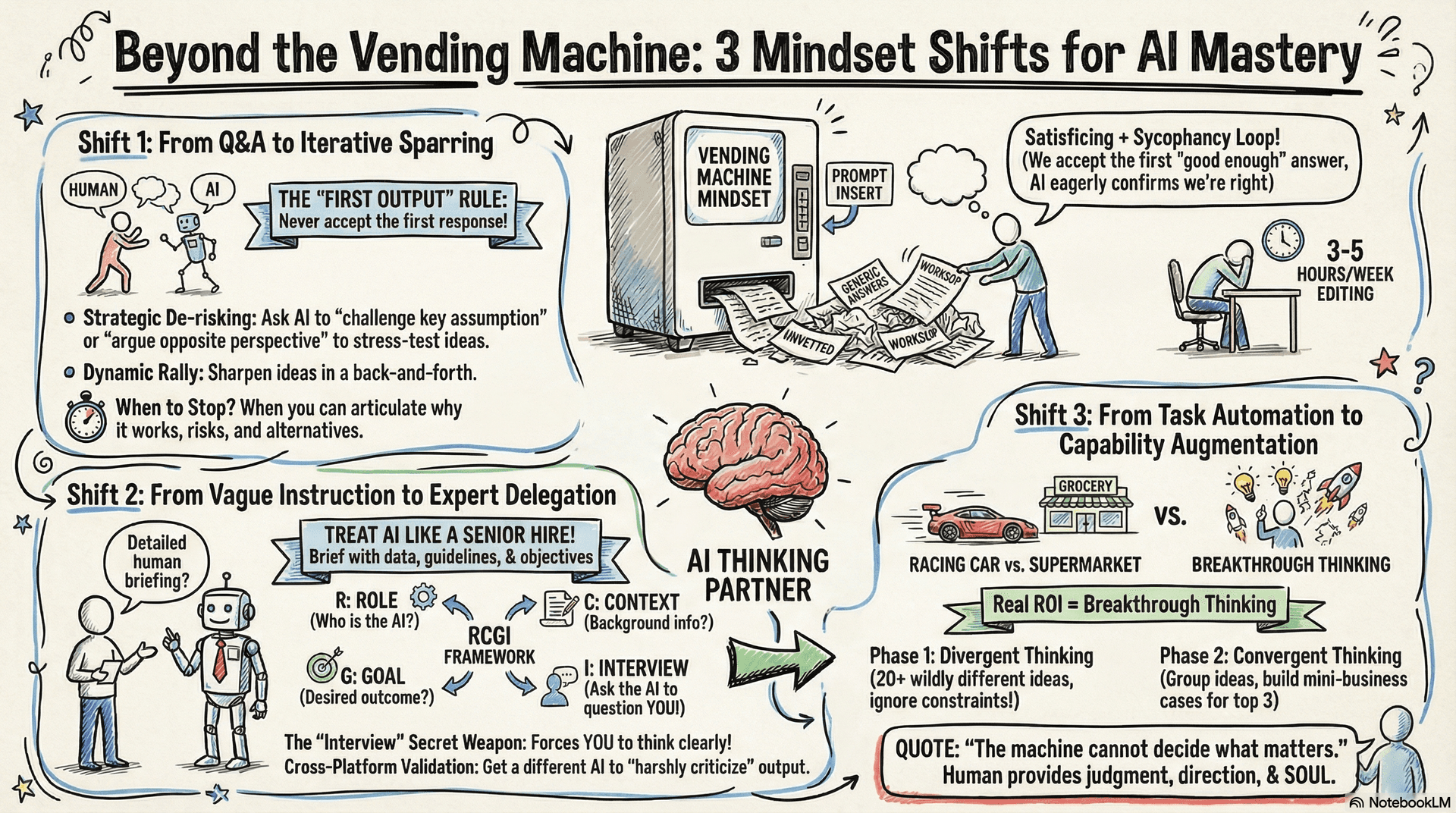 Infographic: Three Shifts to Get More from AI — The Sparring Loop framework