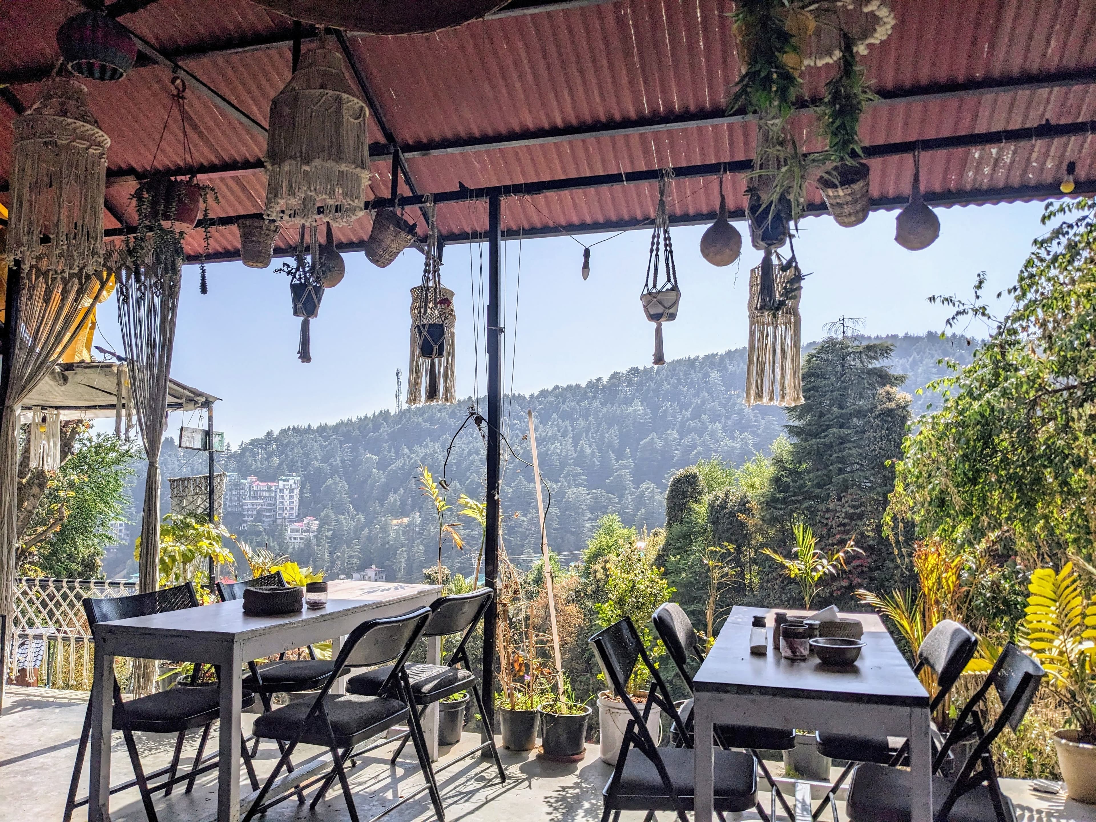Mountain-view workspace terrace in McLeod Ganj on a sunny day