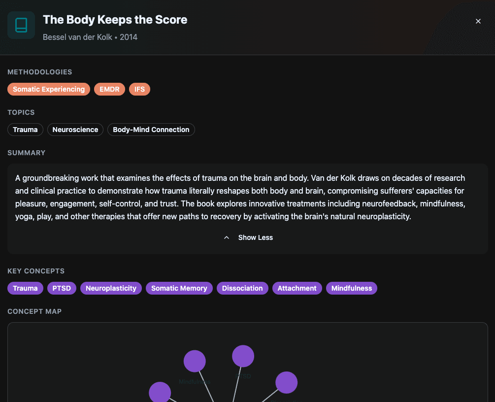 Early prototype: detailed book view with key concepts and concept map