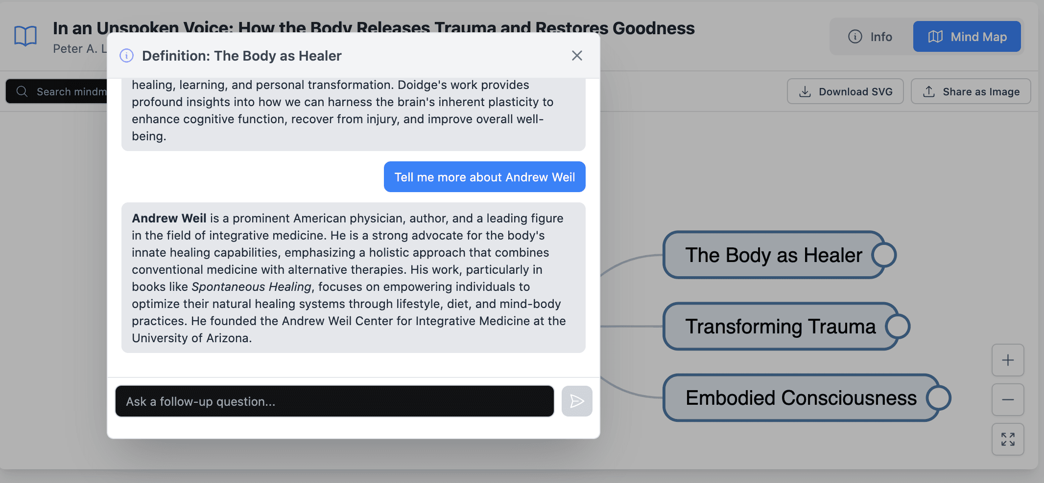 AI-powered chat interface exploring therapeutic concepts on a mind map