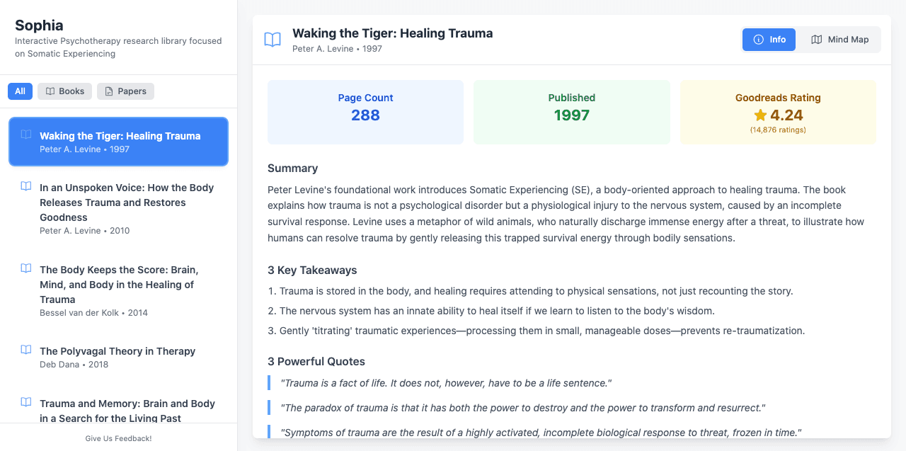 Resource info panel with page count, citations, and key takeaways