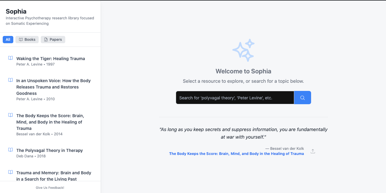 Sophia Nexus welcome page with resource sidebar and search